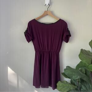 Alice + Olivia Silk Blend Mini Dress Purple Black Faux Leather Roll Tab Sleeves